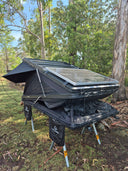 On The Horizon 1.4Z rooftop tent open with the roof mounted solar panel in view